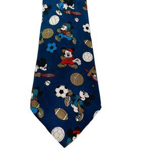 Vintage Mickey Mouse Sports Tie 100% Silk Blue With Soccer Basketball Tennis & B